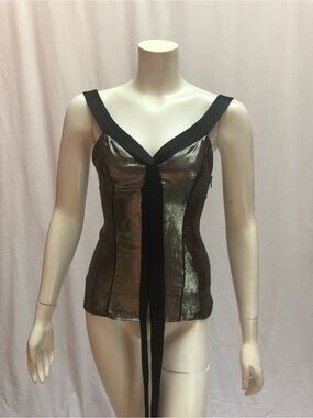 Vintage Metallic Black V-Neck Tie-Front Women’s Top